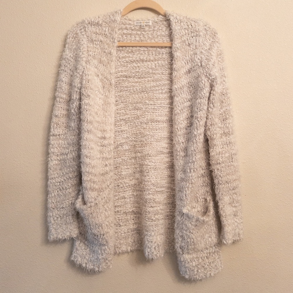 Woven Heart Popcorn Fuzzy Gray Cardigan